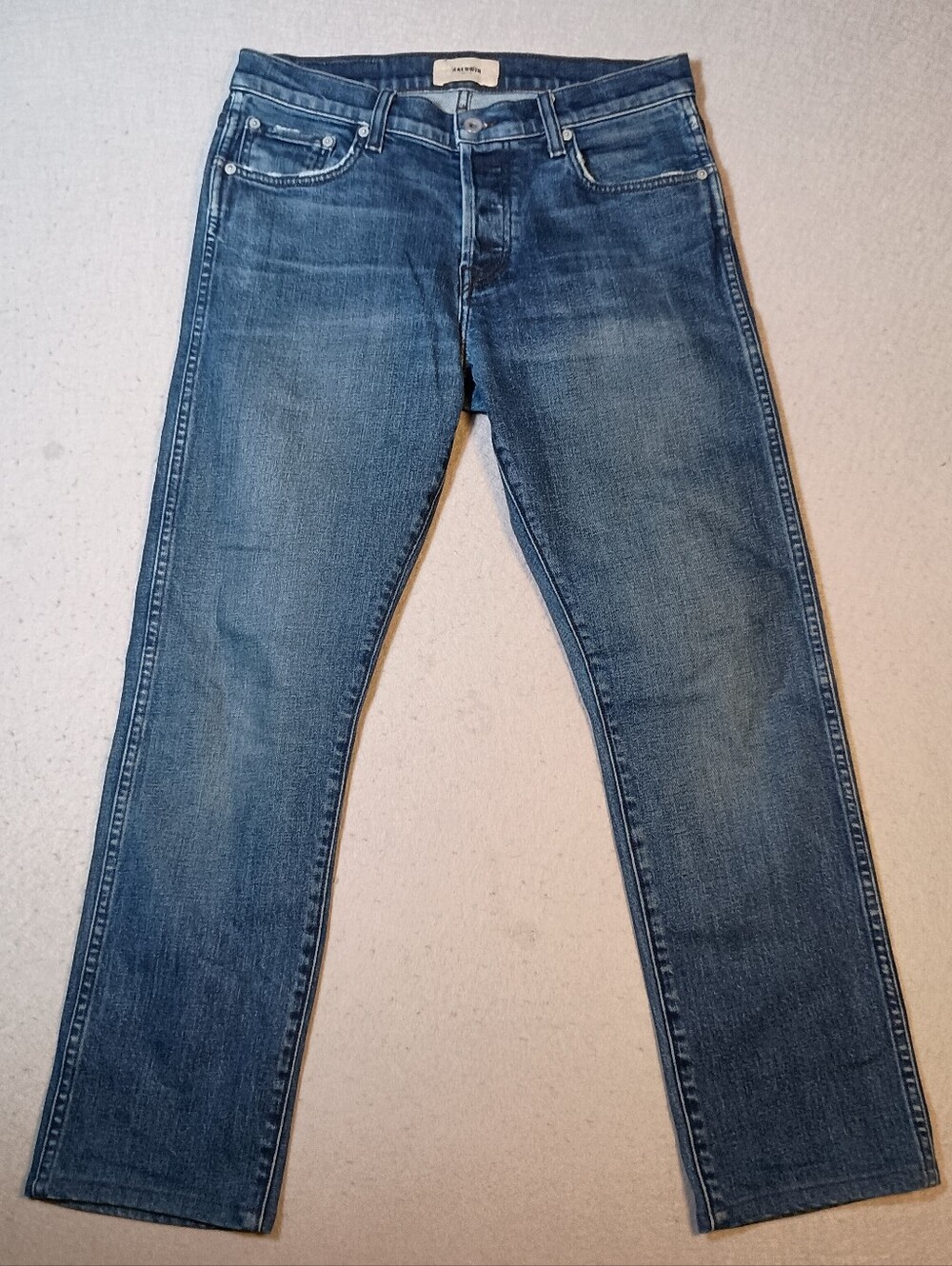 Baldwin Button Fly Henley Slim Straight Distressed Dark Wash Men's 31x28 Jeans
